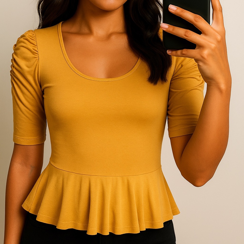 Mikarose Marigold Yellow Ruched Sleeve Peplum Top Size XS